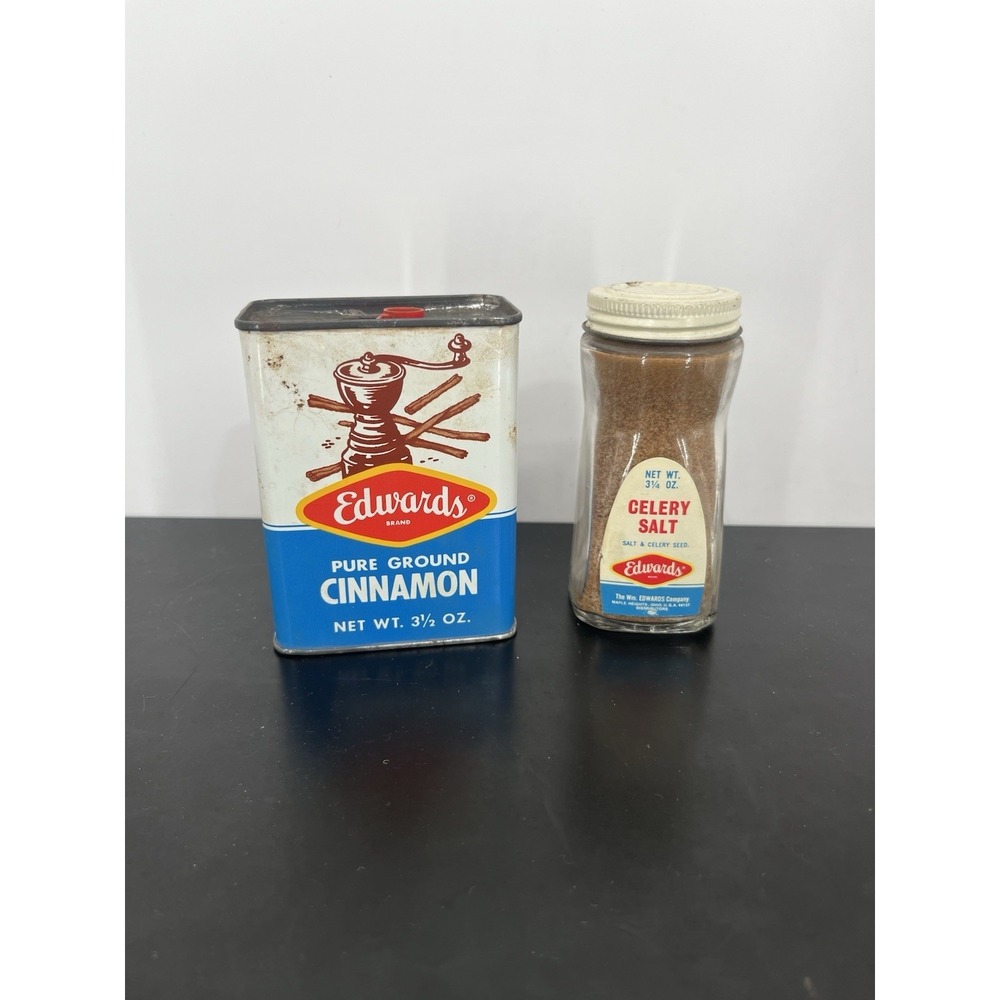 Vintage Edwards Spice Containers Lot of 2 Cinnamon(Empty) and Celery Salt (Full)